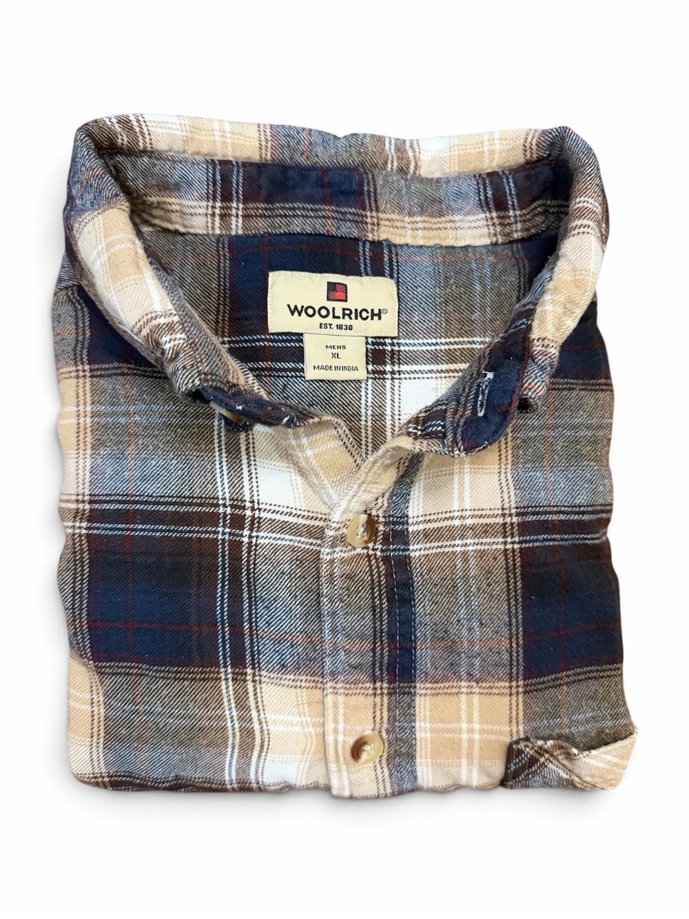 Woolrich Men's Navy, Beige & Brown Plaid Button-Down Shirt sz. XL